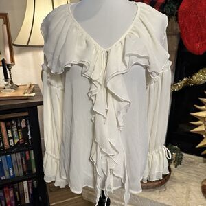 Metro 7 Women's Eggshell White Long Sleeve Sheer  Roman Chiffon Ruffle Blouse S